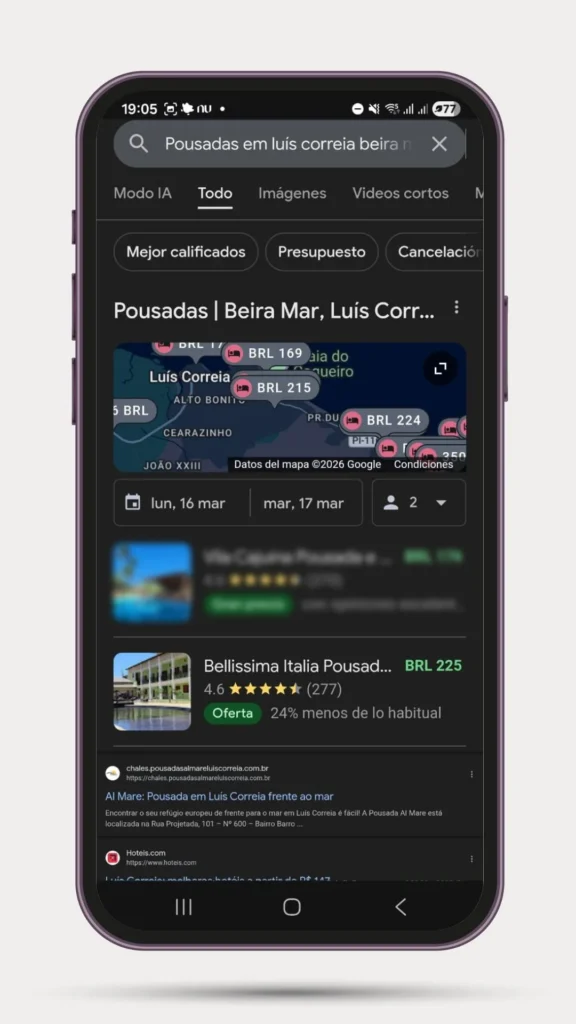 Resultado de criação de sites em Parnaíba: Pousada cliente superando Booking e Tripadvisor nas buscas orgânicas.