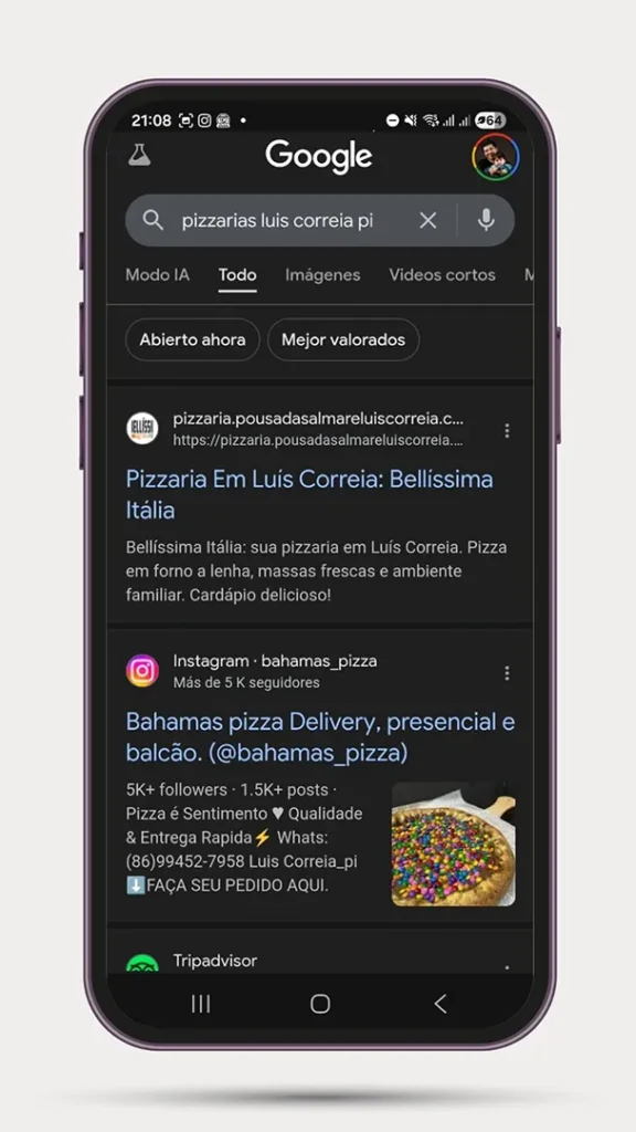Cliente de desenvolvimento de sites em Parnaíba dominando o primeiro lugar no Google mobile para pizzarias.